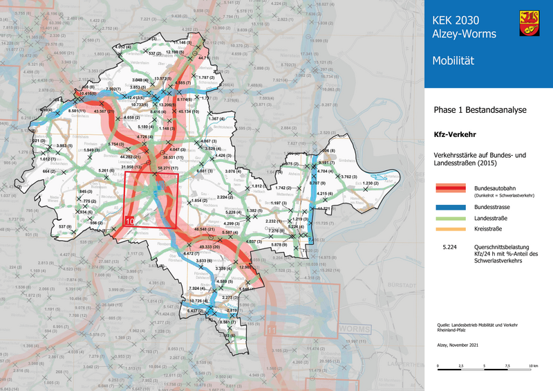 Karte der Verkehrsstärke im Landkreis Alzey-Worms