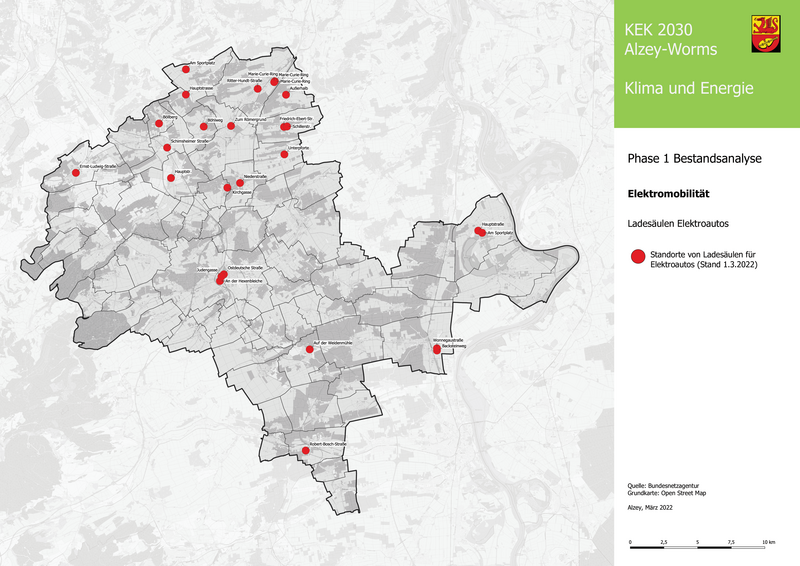 Karte mit der Verteilung aller E-Ladesäulen im Landkreis (Stand Mai 2022)