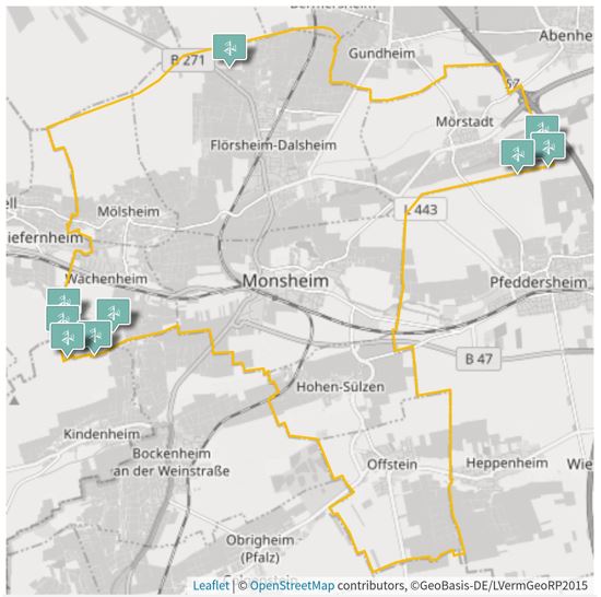 Karte mit Standorten der neun Windkraftanlagen in Monsheim: im Norden eine, im Osten drei und im Südwesten fünf